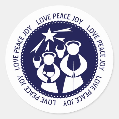 Blue Nativity Scene Love Peace Joy Christmas Classic Round Sticker