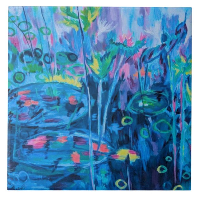 Blue Nature Floral Abstract Ceramic Tile (Front)