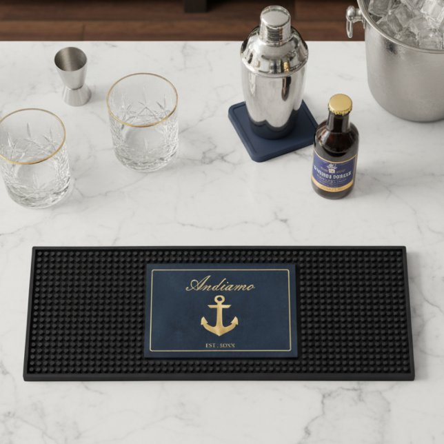 Blue Nautical Anchor Bar Mat (elegant blue gold nautical anchor bar mat with custom boat name in stylish script)