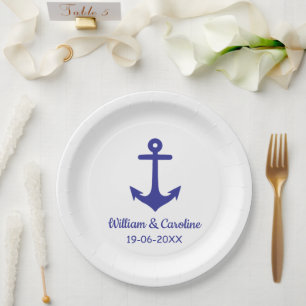 Blue Nautical Anchor Beach Destination Wedding Paper Plates