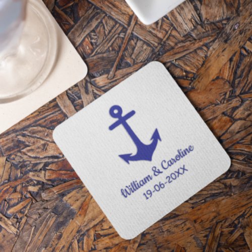 Blue Nautical Anchor Beach Destination Wedding Square Paper Coaster
