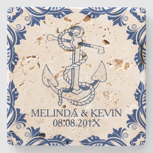 Blue Nautical Anchor & Blue Floral Frame Frame Stone Coaster (Front)