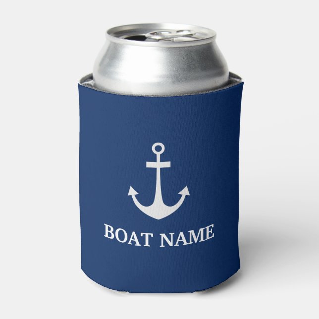 Blue Nautical Anchor Boat Name Can Cooler (Can Front)