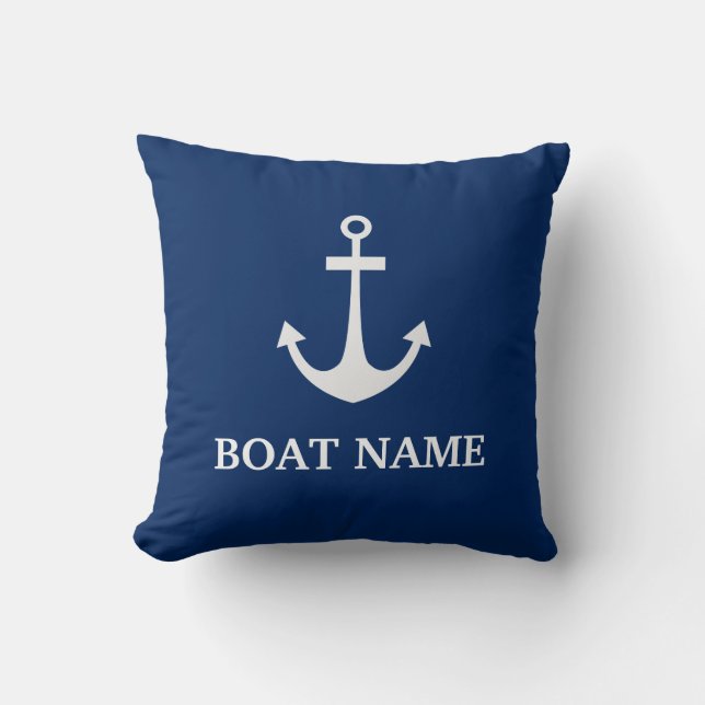 Blue Nautical Anchor Boat Name Throw Pillow (Front)