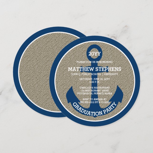 Blue Nautical Anchor | Burlap Graduation Party Invitation (Front/Back)