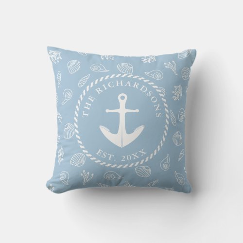 Blue Nautical Anchor Coastal Beach House Outdoor Pillow