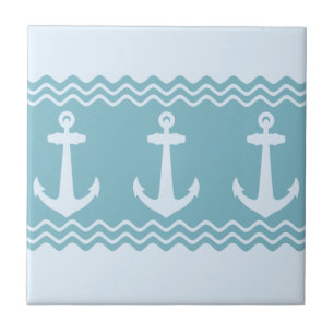 Blue Nautical Anchor Coastal Stripes Ceramic Tile