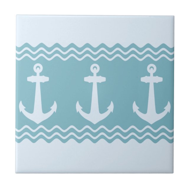 Blue Nautical Anchor Coastal Stripes Ceramic Tile (Front)
