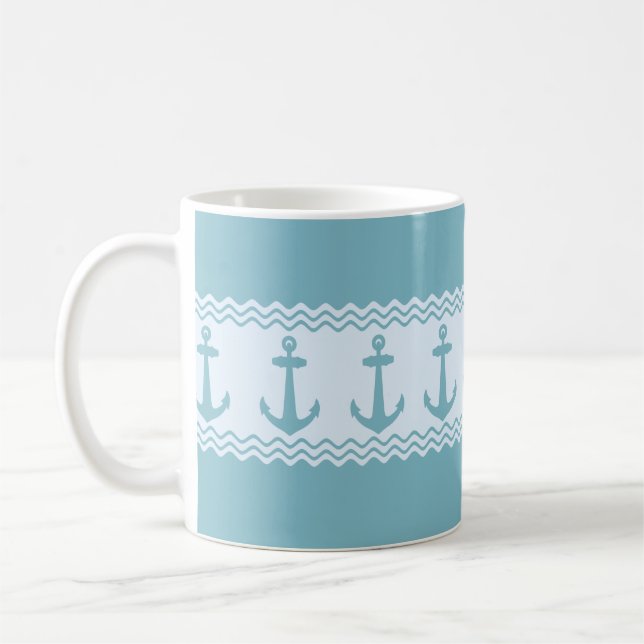 Blue Nautical Anchor Coastal Stripes Coffee Mug (Left)