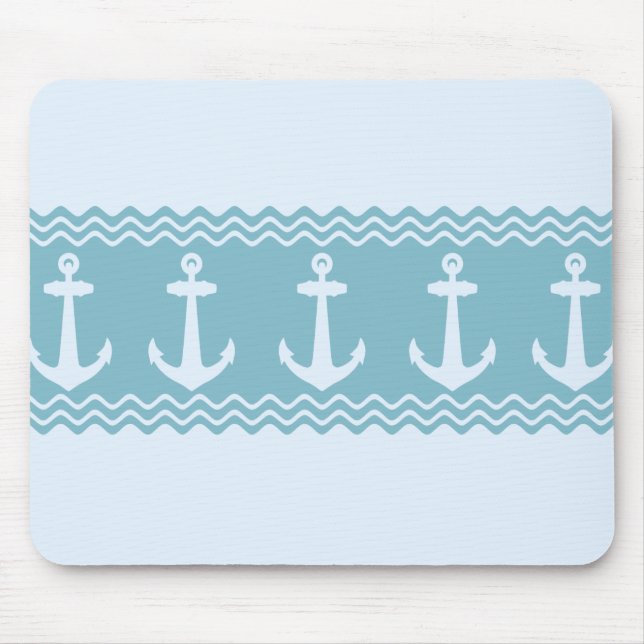 Blue Nautical Anchor Coastal Stripes Mouse Pad (Front)