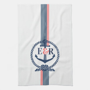 Blue Nautical Anchor Knot & Stripes Monogram Towel