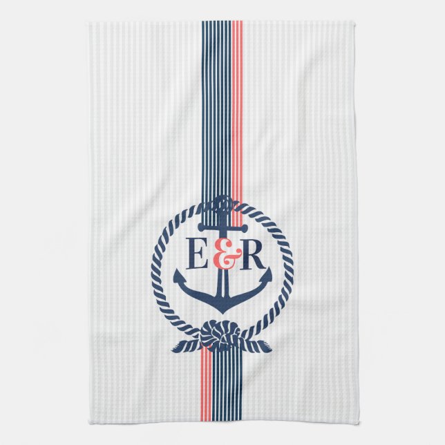 Blue Nautical Anchor Knot & Stripes Monogram Towel (Vertical)
