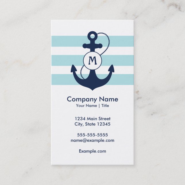 Blue Nautical Anchor Monogram Business Card (Front)