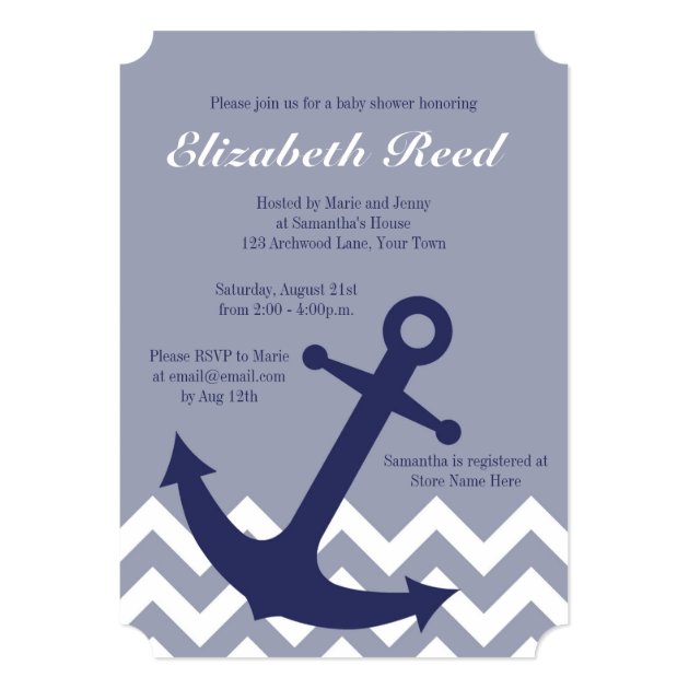 Blue Nautical Anchor On Chevron Ocean Baby Shower Invitation