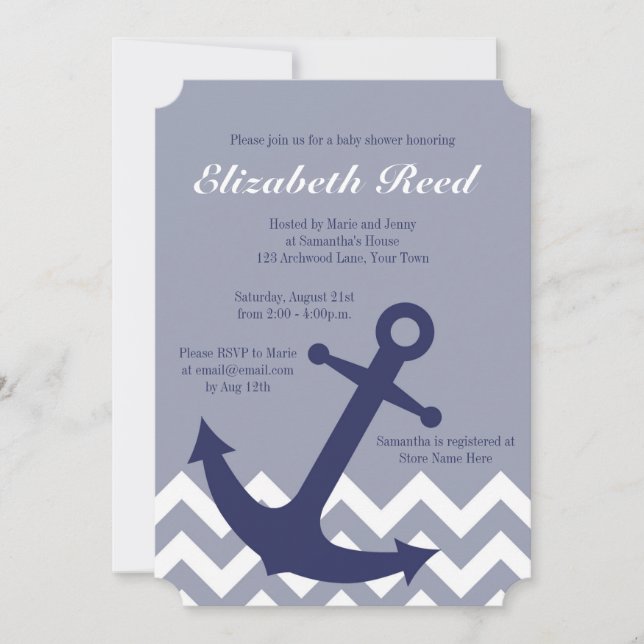Blue Nautical Anchor on Chevron Ocean Baby Shower Invitation (Front)