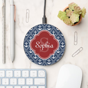 Blue Nautical Anchor Pattern Red Monogram Name Wireless Charger