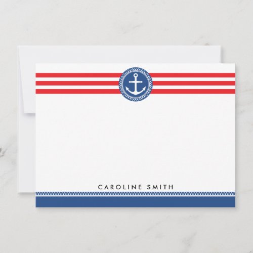 Blue nautical anchor red stripes flat note card