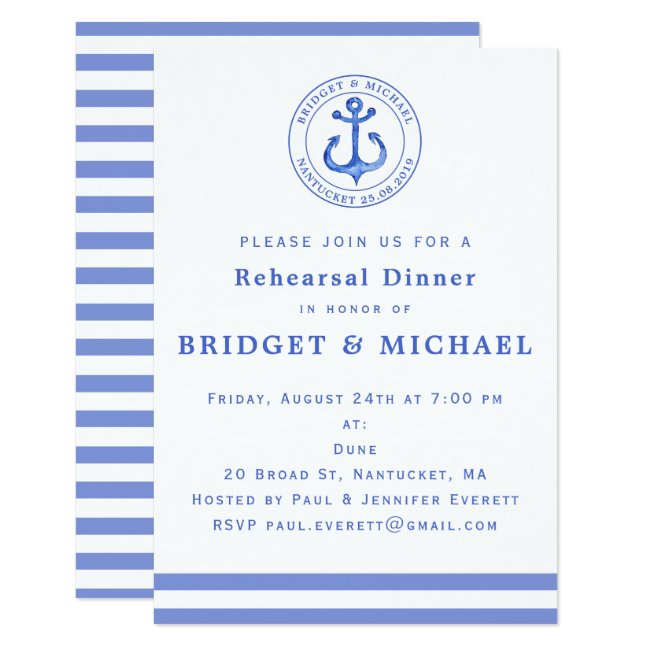 Blue Nautical Anchor Rehearsal Dinner Invitation