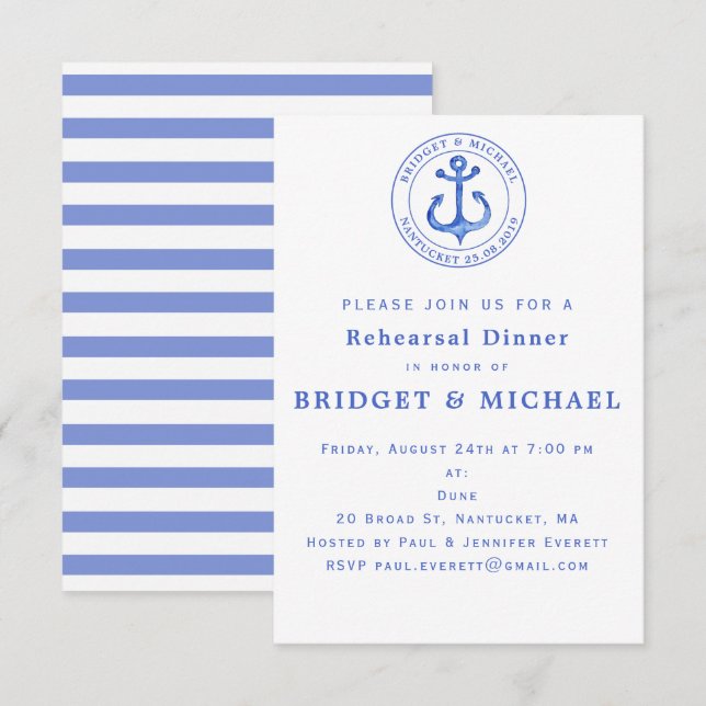 Blue Nautical Anchor Rehearsal Dinner Invitation (Front/Back)