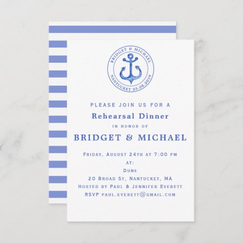 Blue Nautical Anchor Rehearsal Dinner Invitation