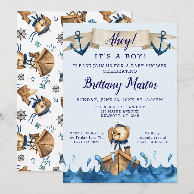 Blue Nautical Anchor Sailor Bear Baby Shower Invitation (Front/Back)