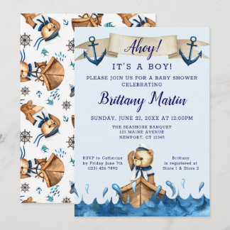 Blue Nautical Anchor Sailor Bear Baby Shower Invitation