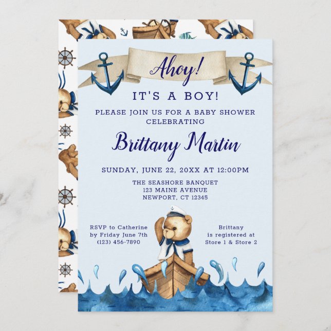 Blue Nautical Anchor Sailor Bear Baby Shower Invitation (Front/Back)