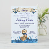 Blue Nautical Anchor Sailor Bear Baby Shower Invitation (Standing Front)