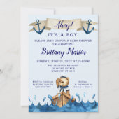 Blue Nautical Anchor Sailor Bear Baby Shower Invitation (Front)