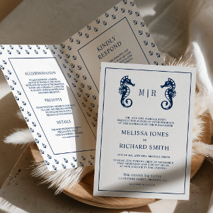 Blue Nautical Anchor Seahorse QR Code Wedding Invitation