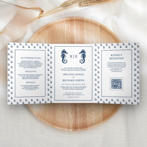 Blue Nautical Anchor Seahorse QR Code Wedding Tri-Fold Invitation