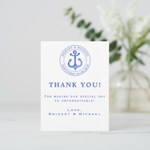 Blue Nautical Anchor  Wedding Thank You Postcard