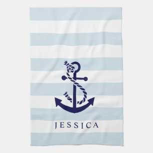 Blue nautical anchor white & light blue stripes kitchen towel