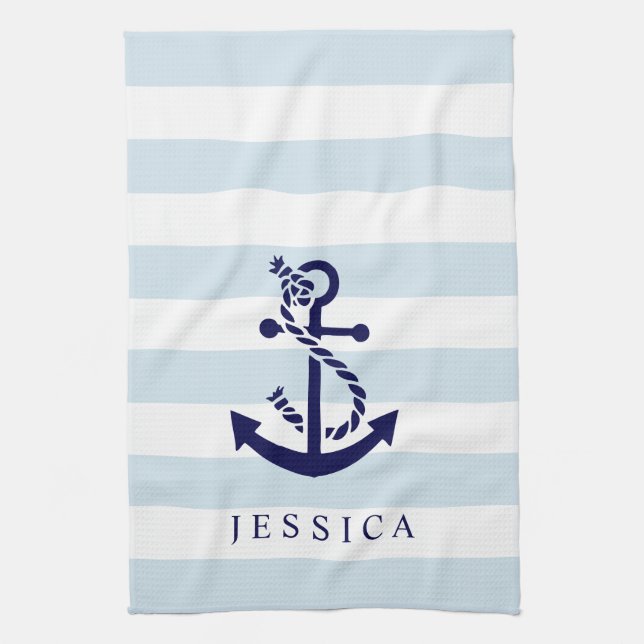 Blue nautical anchor white & light blue stripes kitchen towel (Vertical)