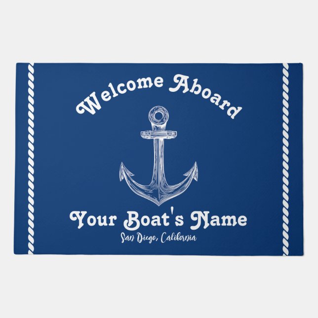 Blue Nautical Anchor with Custom Boat Name Doormat (Front)