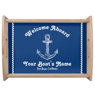 Blue Nautical Anchor with Custom Boat Name Serving Tray