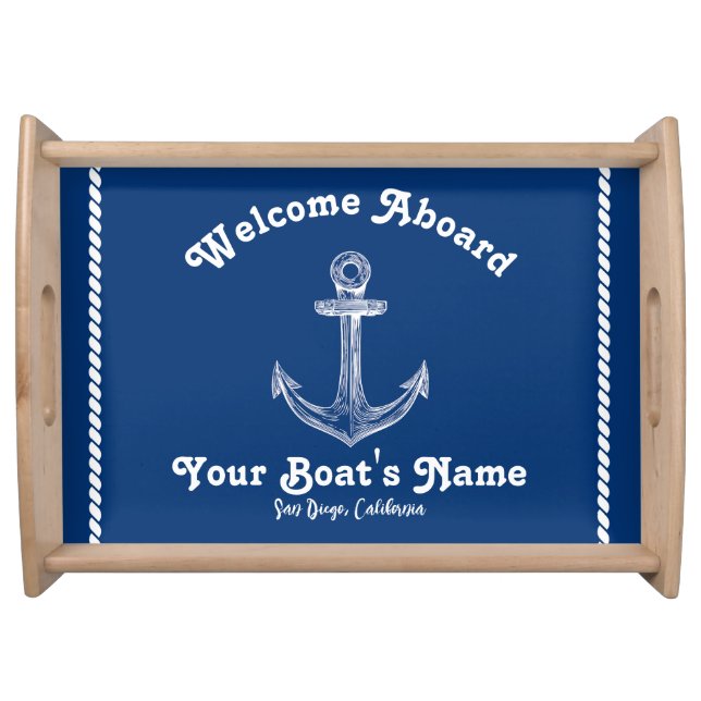 Blue Nautical Anchor with Custom Boat Name Serving Tray (Front)