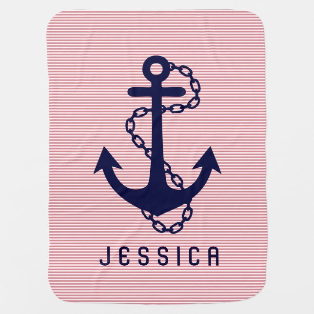 Blue Nautical Anchor With Pink & White Stripes Stroller Blanket (Front)