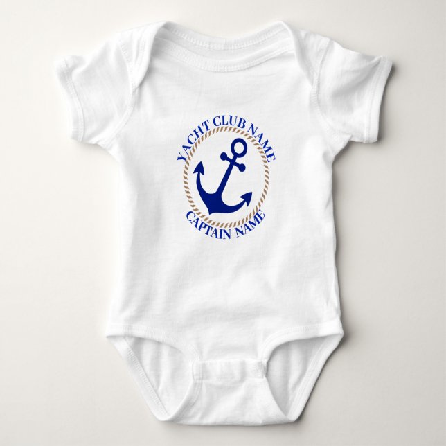 Blue Nautical Anchor yacht club boat marina Name Baby Bodysuit (Front)