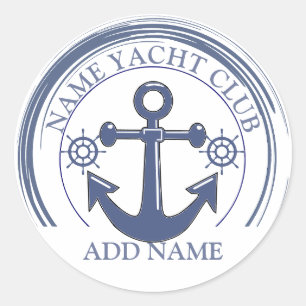 Blue Nautical Anchor yacht club boat marina Name Classic Round Sticker