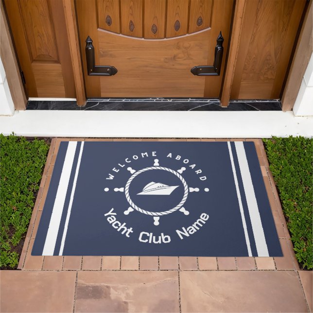 Blue Nautical Anchor yacht club boat marina Name Doormat (Outdoor)