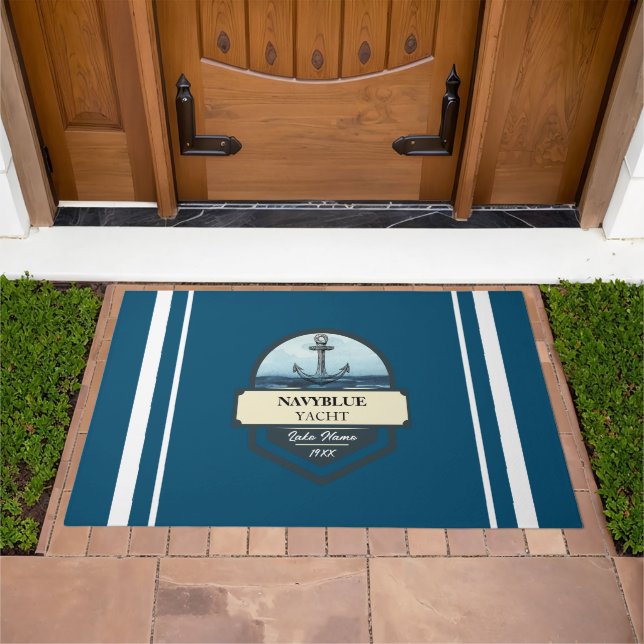 Blue Nautical Anchor yacht club boat marina Name Doormat (Outdoor)