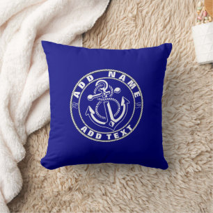 Blue Nautical Anchor yacht club boat marina Name Throw Pillow