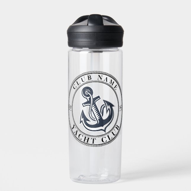 Blue Nautical Anchor yacht club boat marina Name Water Bottle (Front)