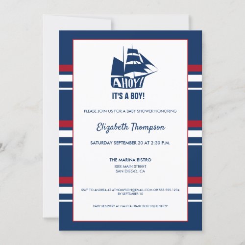 Blue Nautical Baby Shower Ahoy Its a boy Ship Invitation