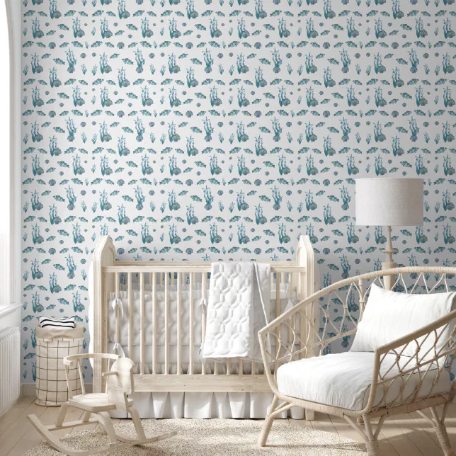 Blue Nautical Beach Coastal Fish & Shells Nursery Wallpaper | Zazzle