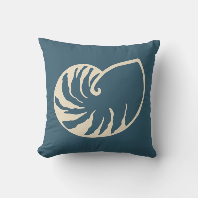 Blue Nautical Beach Coral Nautilus Throw Pillow (Front)