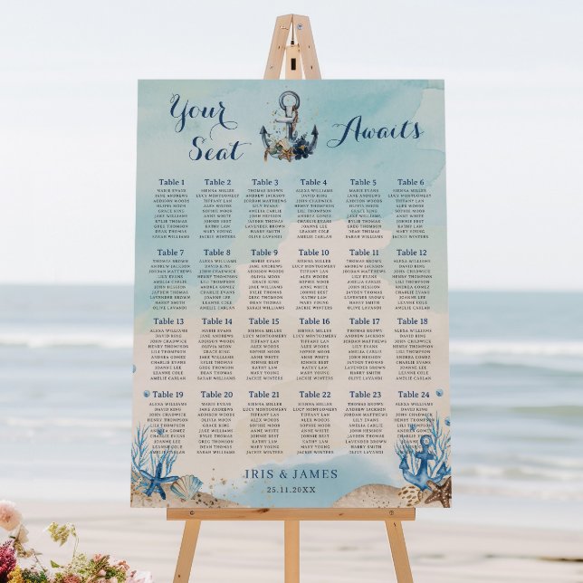 Blue Nautical Beach Wedding Anchor Seating Chart Foam Board (nautical beach destination wedding blue ocean sand seashore anchor seating chart foam board)