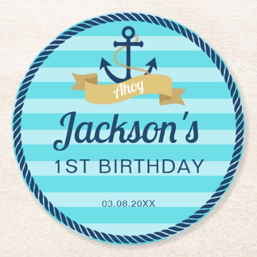 Blue Nautical Birthday Favor Round Paper Coaster