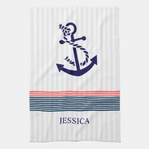 Blue Nautical Boat Anchor And Coral & Blue Stripes Towel
